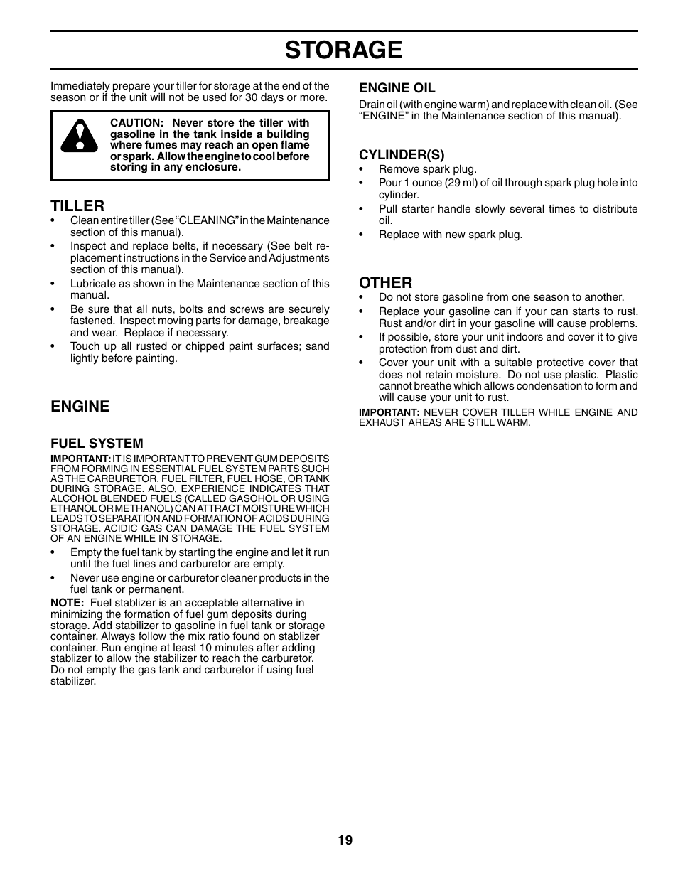 Storage, Other, Tiller | Engine | Poulan MRT500 User Manual | Page 19 / 28