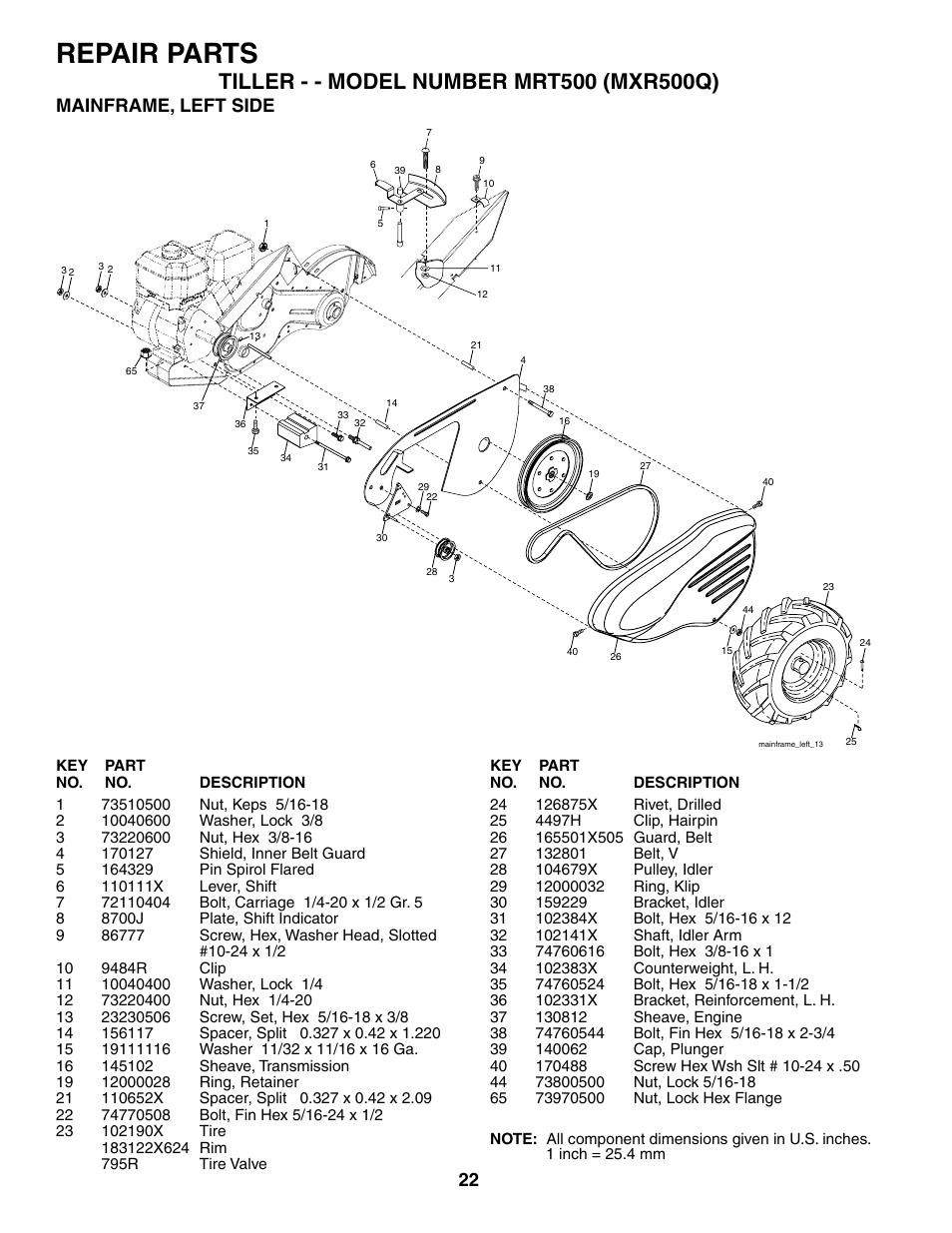 Repair parts, Mainframe, left side | Poulan MRT500 User Manual | Page 22 / 28