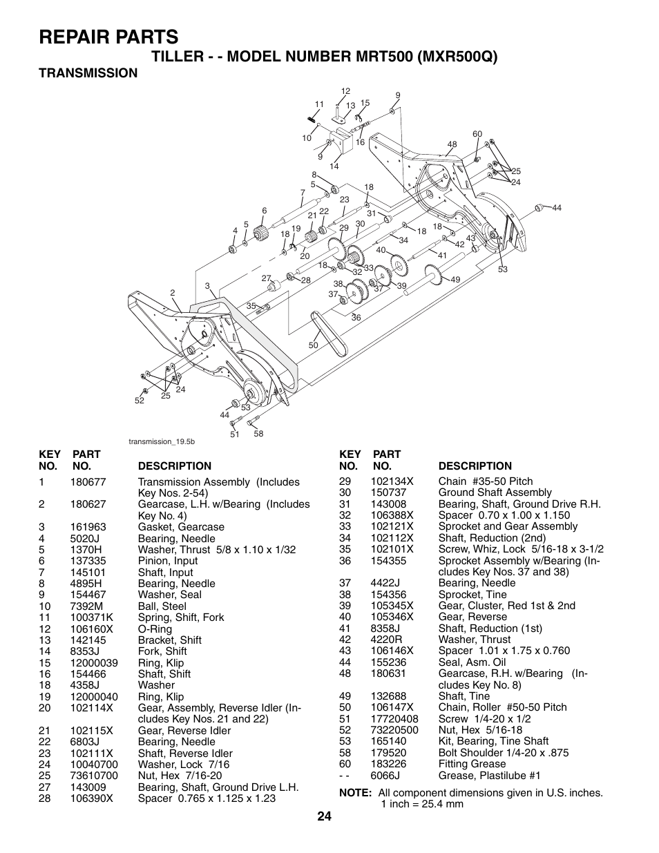 Repair parts, Transmission | Poulan MRT500 User Manual | Page 24 / 28