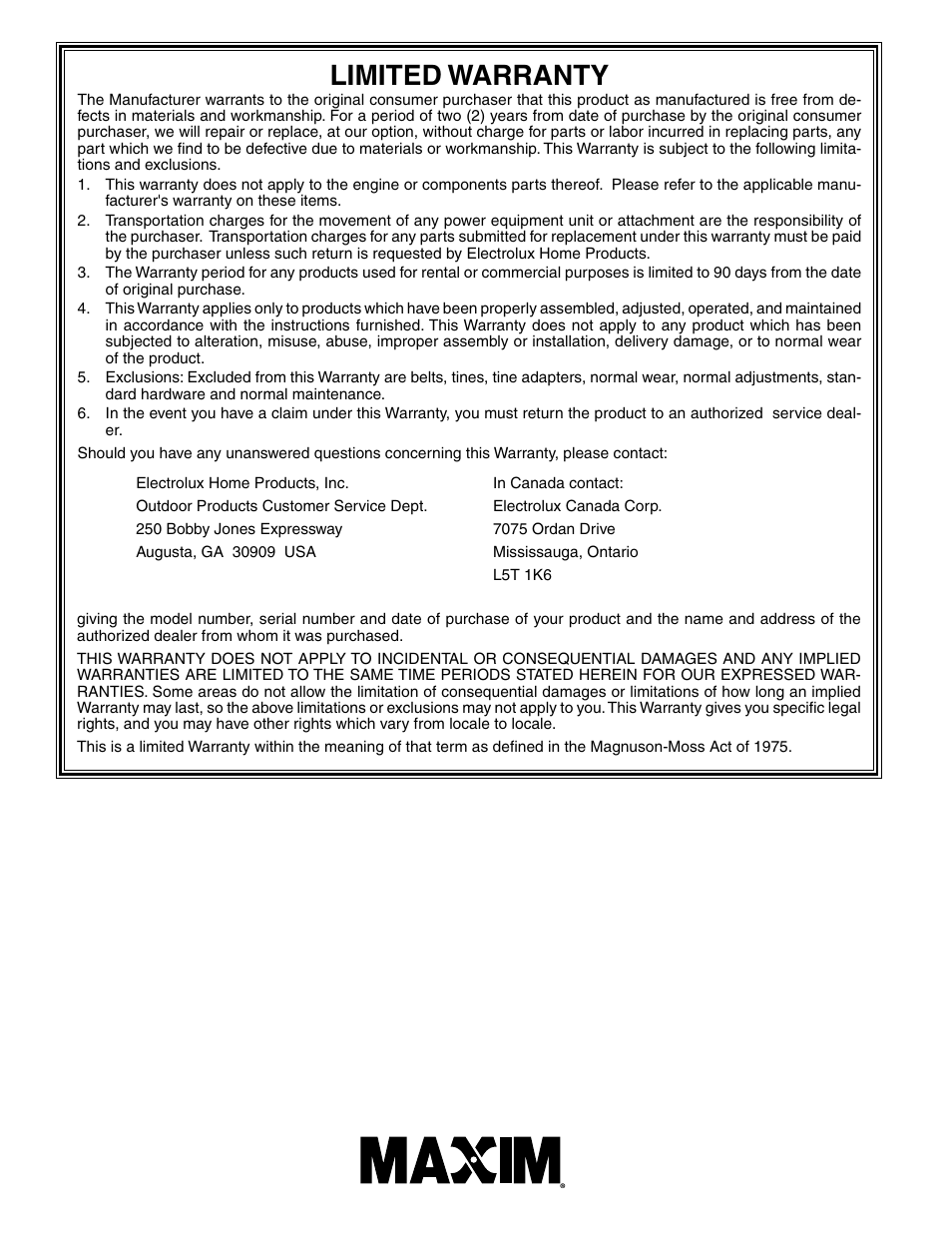 Limited warranty | Poulan MRT500 User Manual | Page 28 / 28