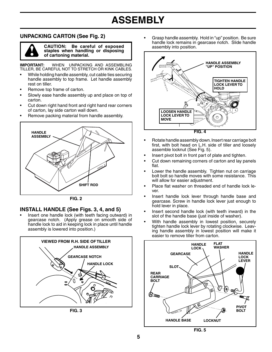 Assembly, Unpacking carton (see fig. 2), Install handle (see figs. 3, 4, and 5) | Poulan MRT500 User Manual | Page 5 / 28