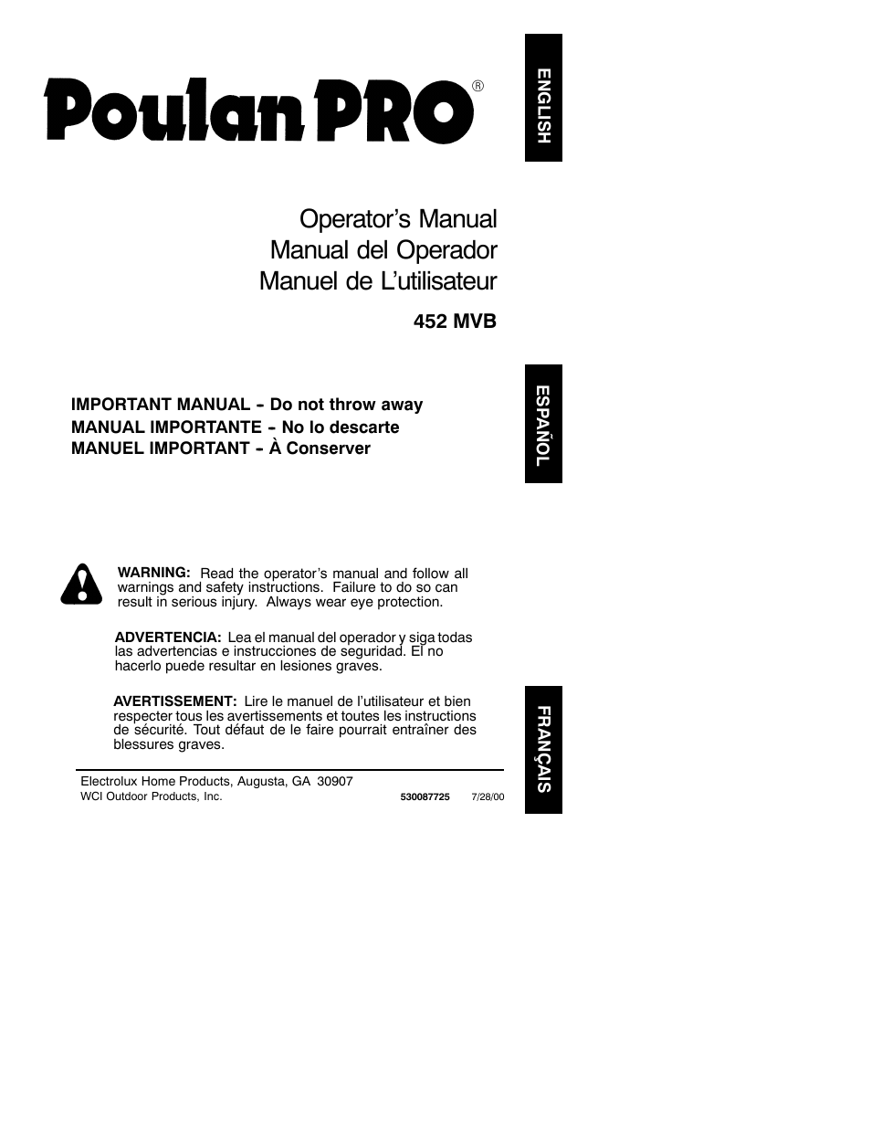 Poulan 452 MVB User Manual | 8 pages