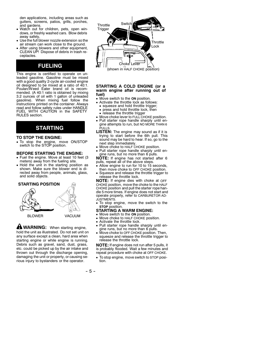 Safety rules, Fueling, Starting | Poulan 452 MVB User Manual | Page 5 / 8