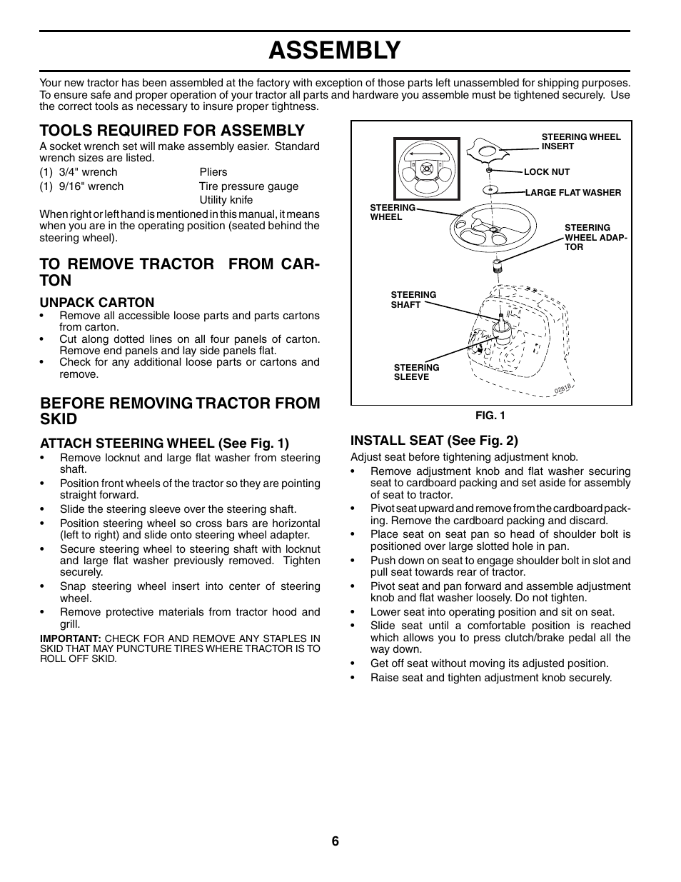 Assembly, Tools required for assembly, Before removing trac tor from skid | Poulan 195018 User Manual | Page 6 / 30