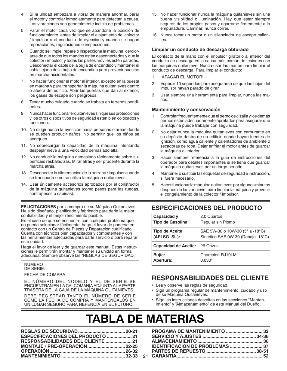 Tabla de materias, Responsabilidades del cliente, Especificaciones del producto | Poulan 96194000601 User Manual | Page 21 / 52