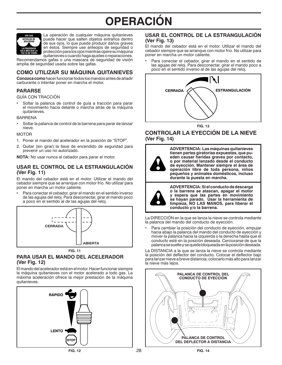 Operación, Controlar la eyección de la nieve | Poulan 96194000601 User Manual | Page 28 / 52