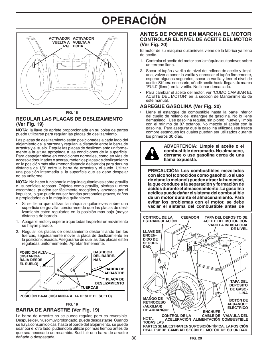 Operación, Antes de poner en marcha el motor | Poulan 96194000601 User Manual | Page 30 / 52