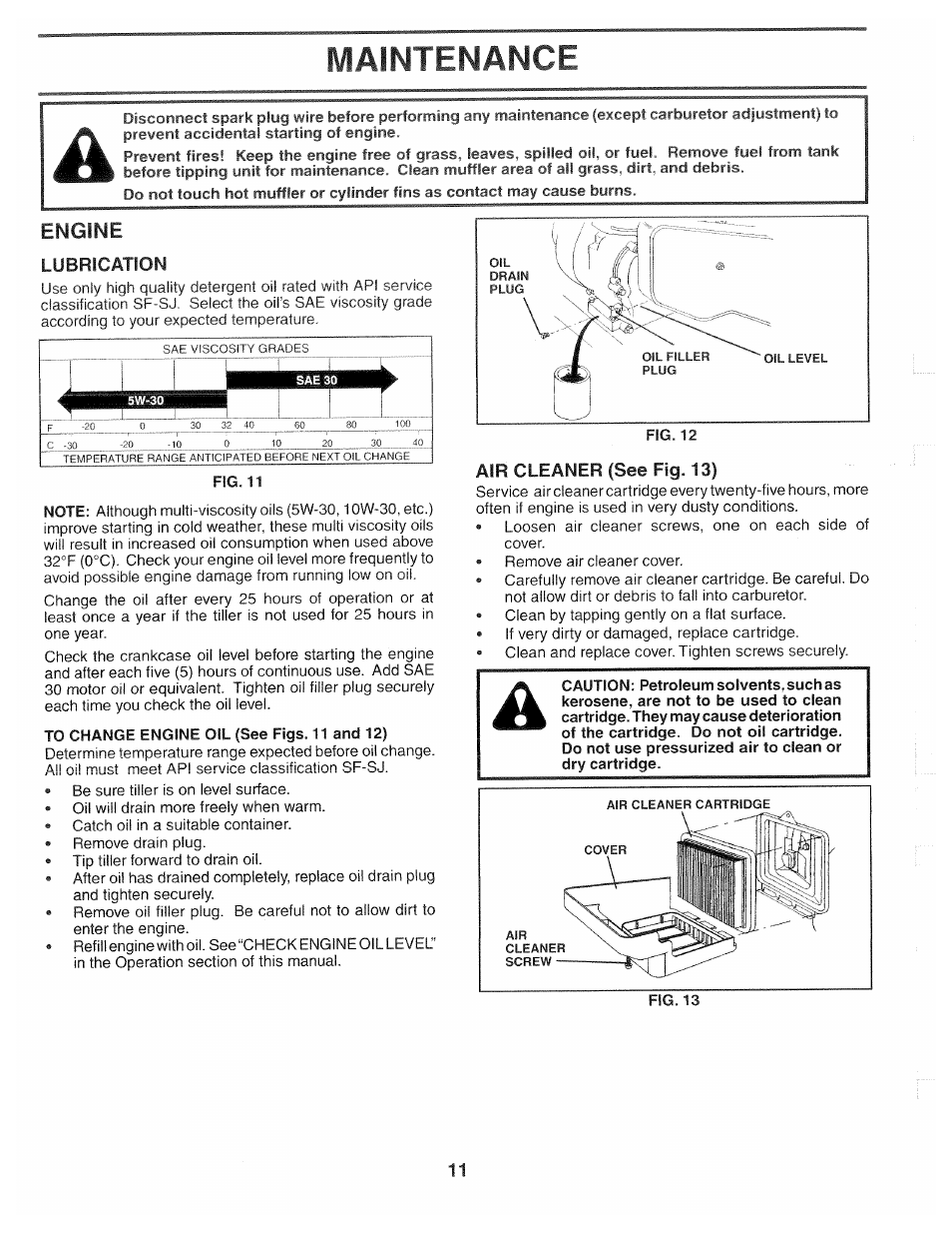 Air cleaner (see fig. 13), Maintenance, Engine | Poulan HDF550M User Manual | Page 11 / 24