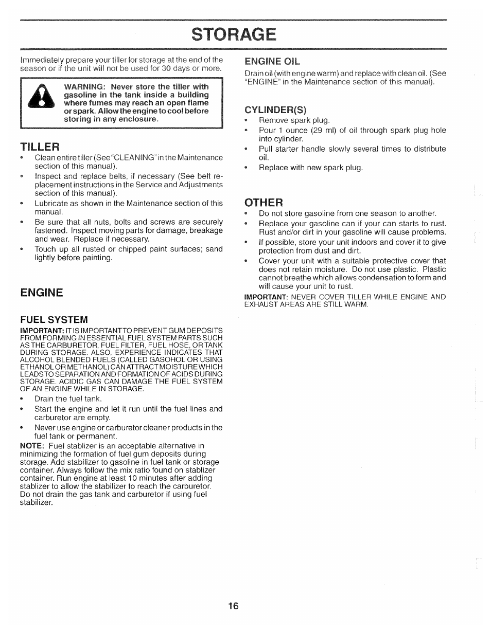 Storage, Fuel system, Engine oil | Cylinder(s), Engine, Tiller, Other | Poulan HDF550M User Manual | Page 16 / 24