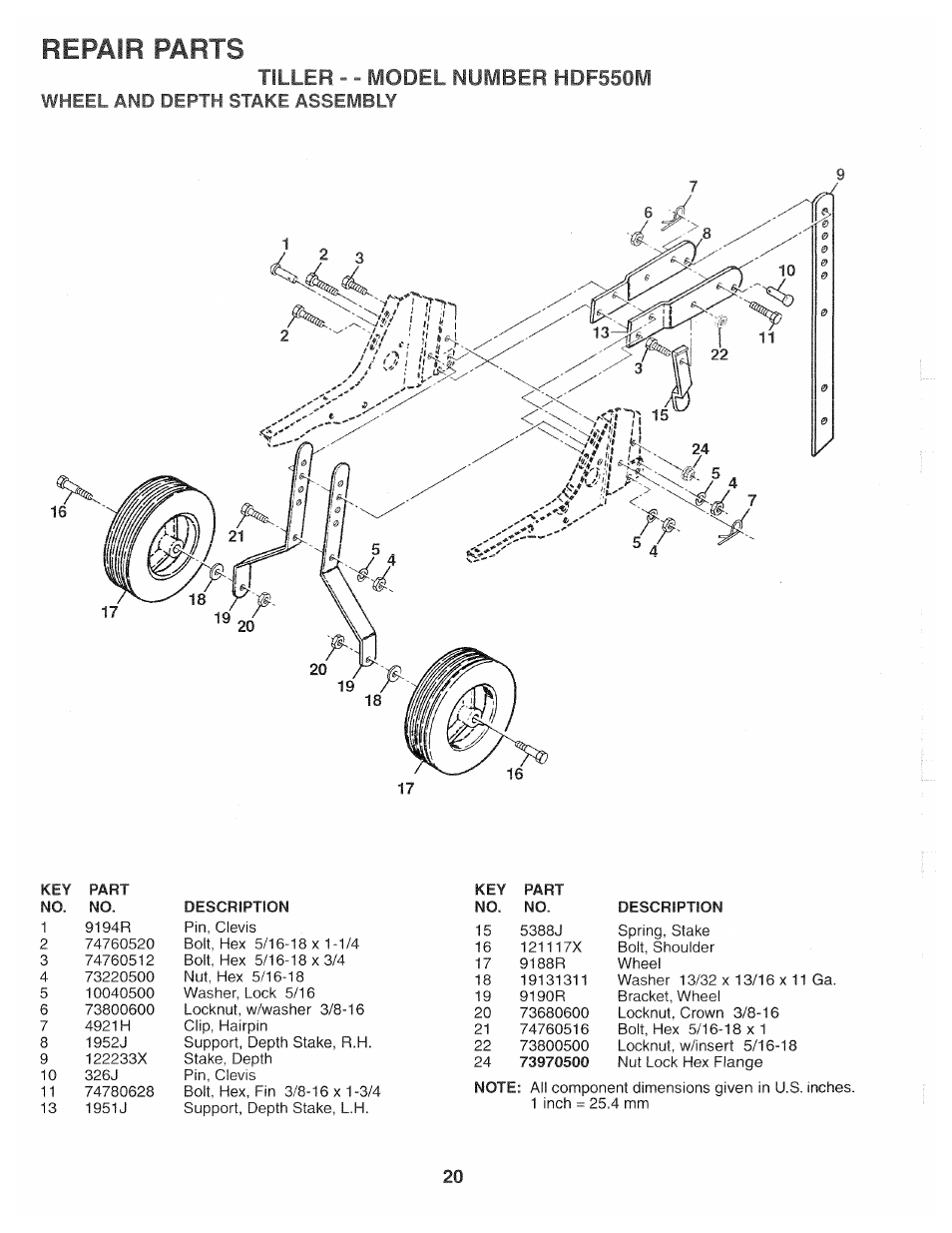 Tiller - - model number hdf550m, Repair parts | Poulan HDF550M User Manual | Page 20 / 24