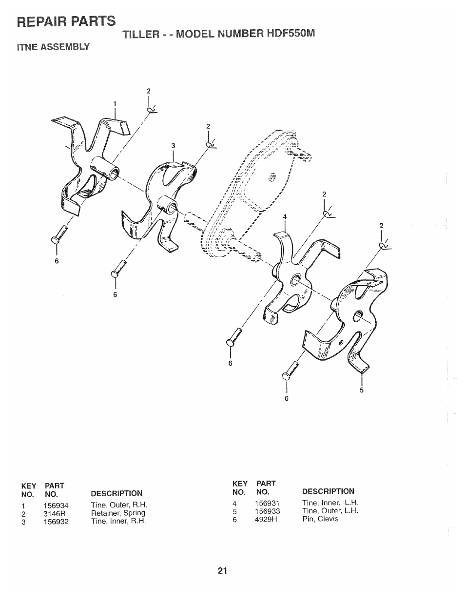 Repair parts, Tiller - - model number hdf550m | Poulan HDF550M User Manual | Page 21 / 24