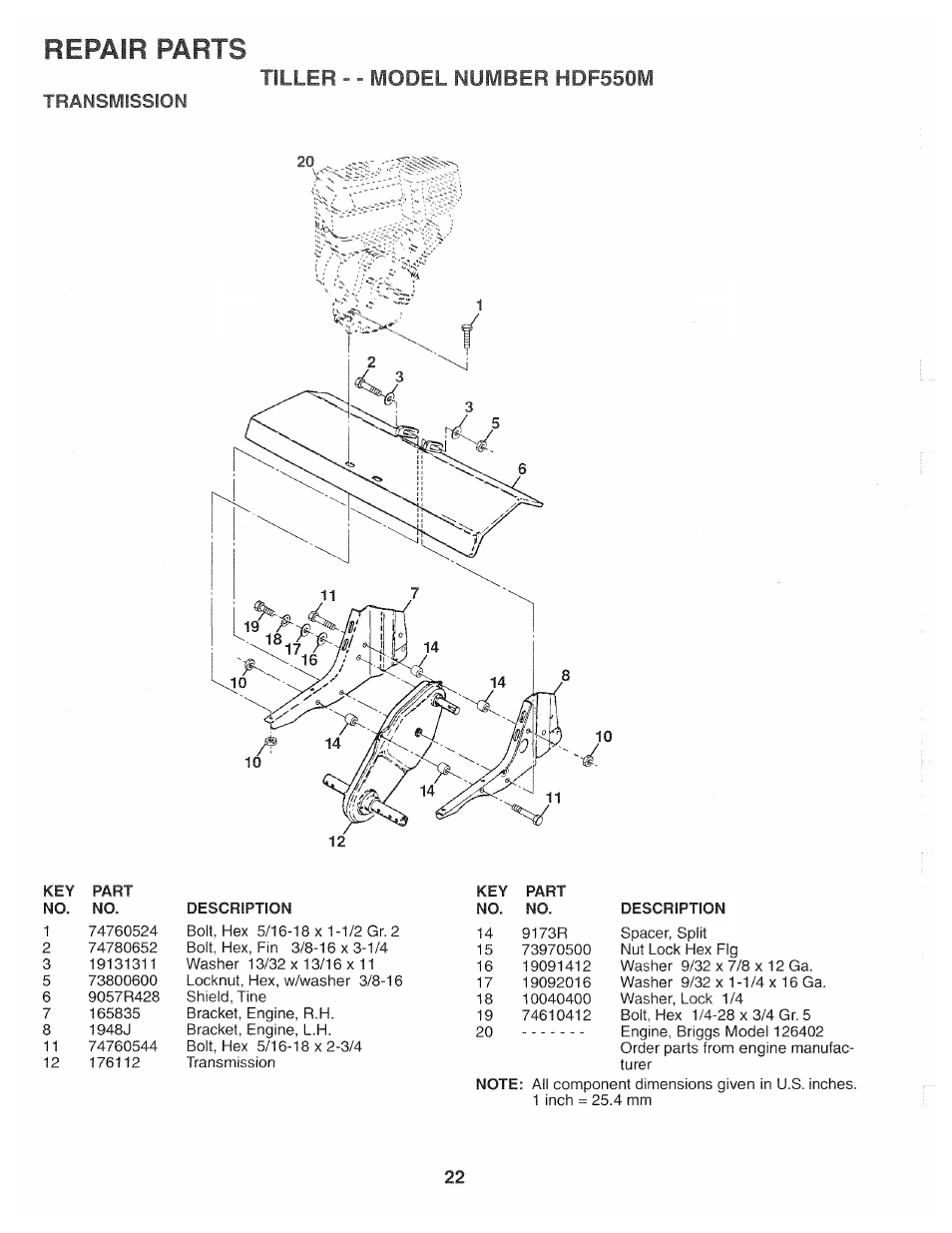 Repair parts, Tiller - - model number hdf550m | Poulan HDF550M User Manual | Page 22 / 24