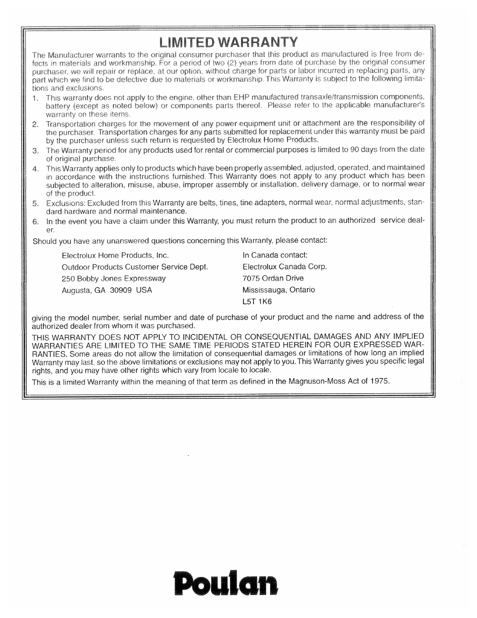 Limitfp, Warranty | Poulan HDF550M User Manual | Page 24 / 24