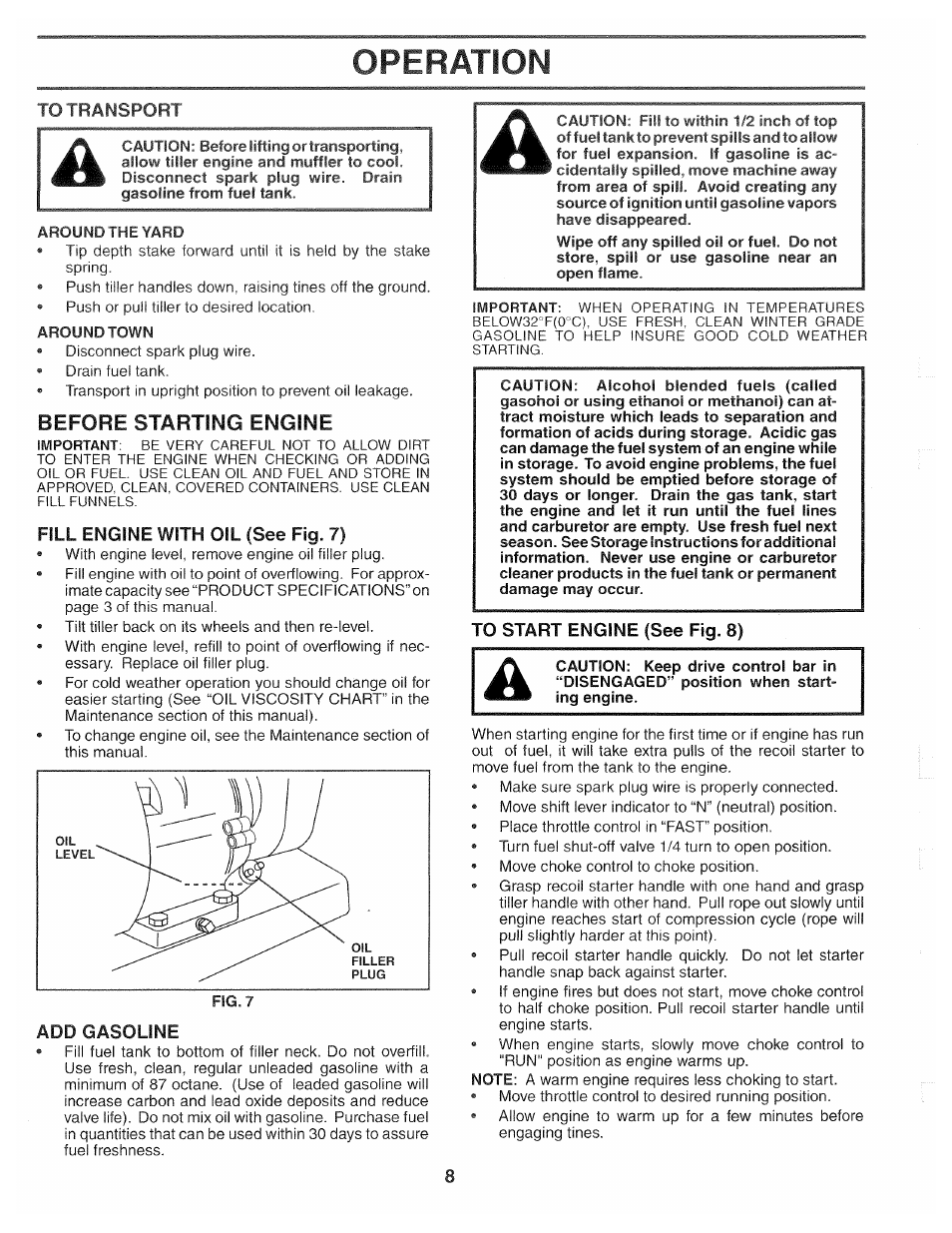 Fill engine with oil (see fig. 7), To start engine (see fig. 8), Operation | Before starting engine | Poulan HDF550M User Manual | Page 8 / 24