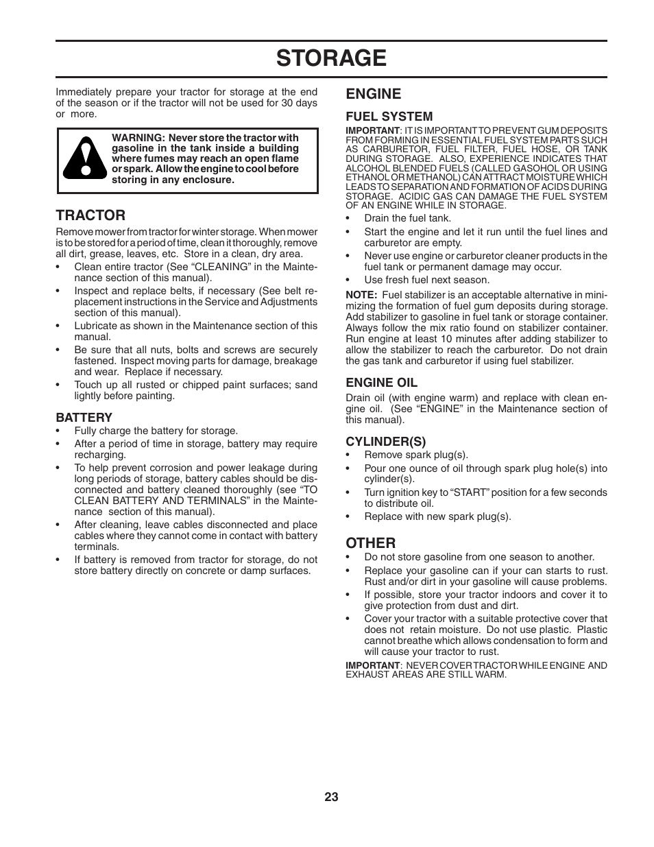 Storage, Tractor, Engine | Other | Poulan 187189 User Manual | Page 23 / 44