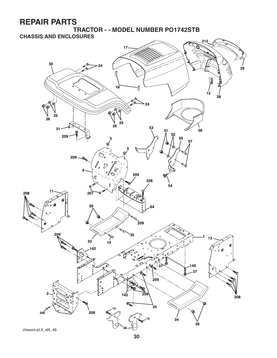 Repair parts, Tractor - - model number po1742stb, Chassis and enclosures | Poulan 187189 User Manual | Page 30 / 44