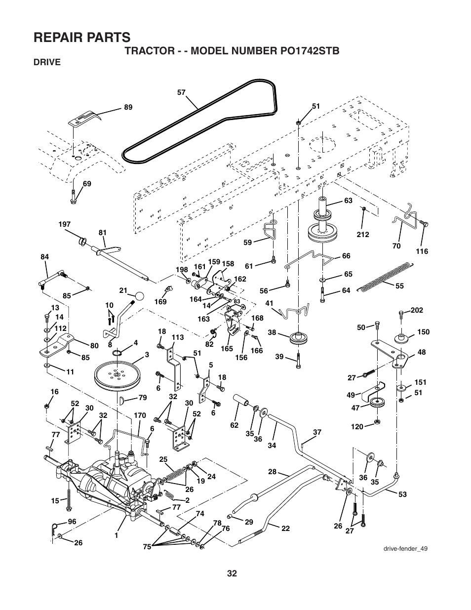 Repair parts, Tractor - - model number po1742stb | Poulan 187189 User Manual | Page 32 / 44