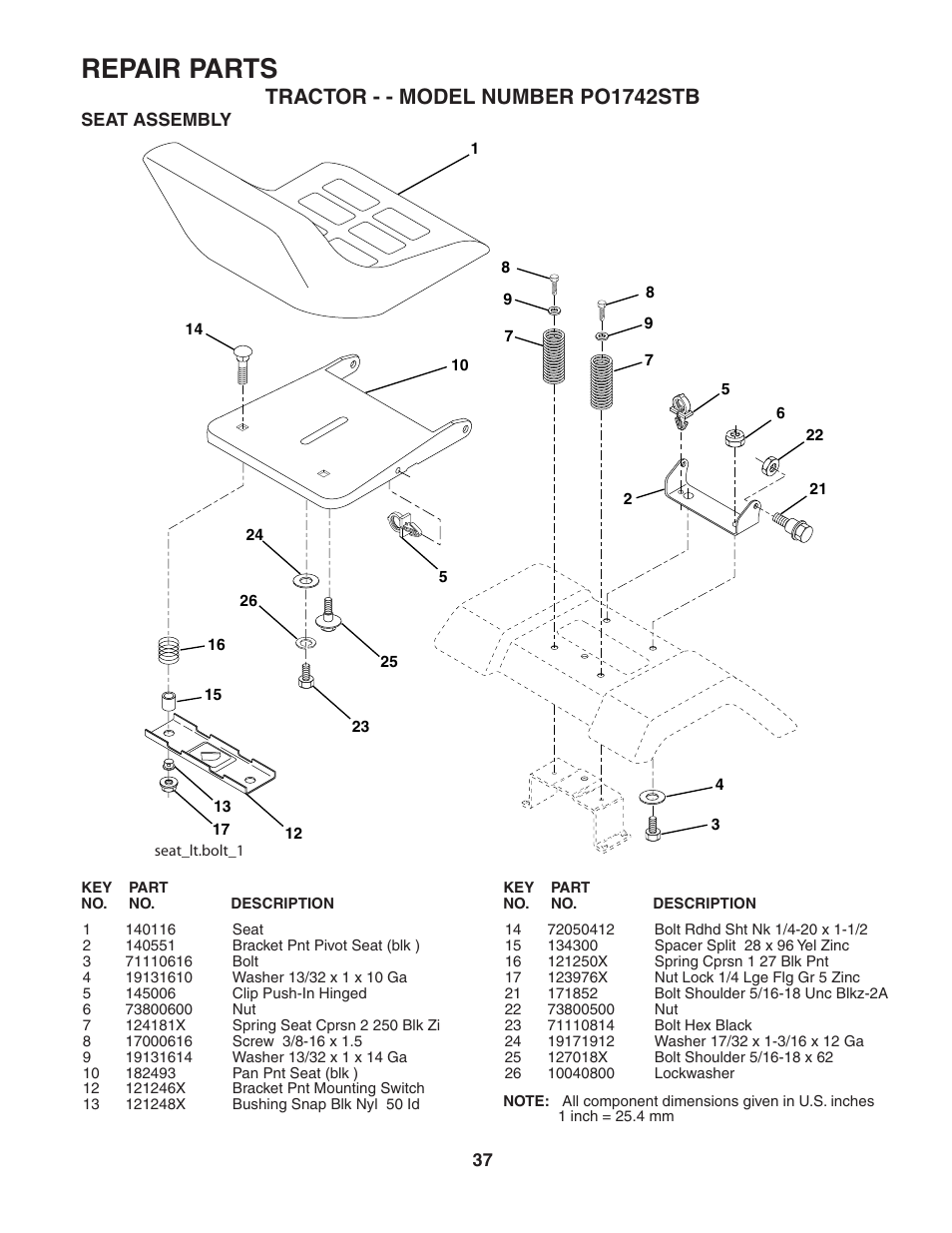 Repair parts, Tractor - - model number po1742stb | Poulan 187189 User Manual | Page 37 / 44