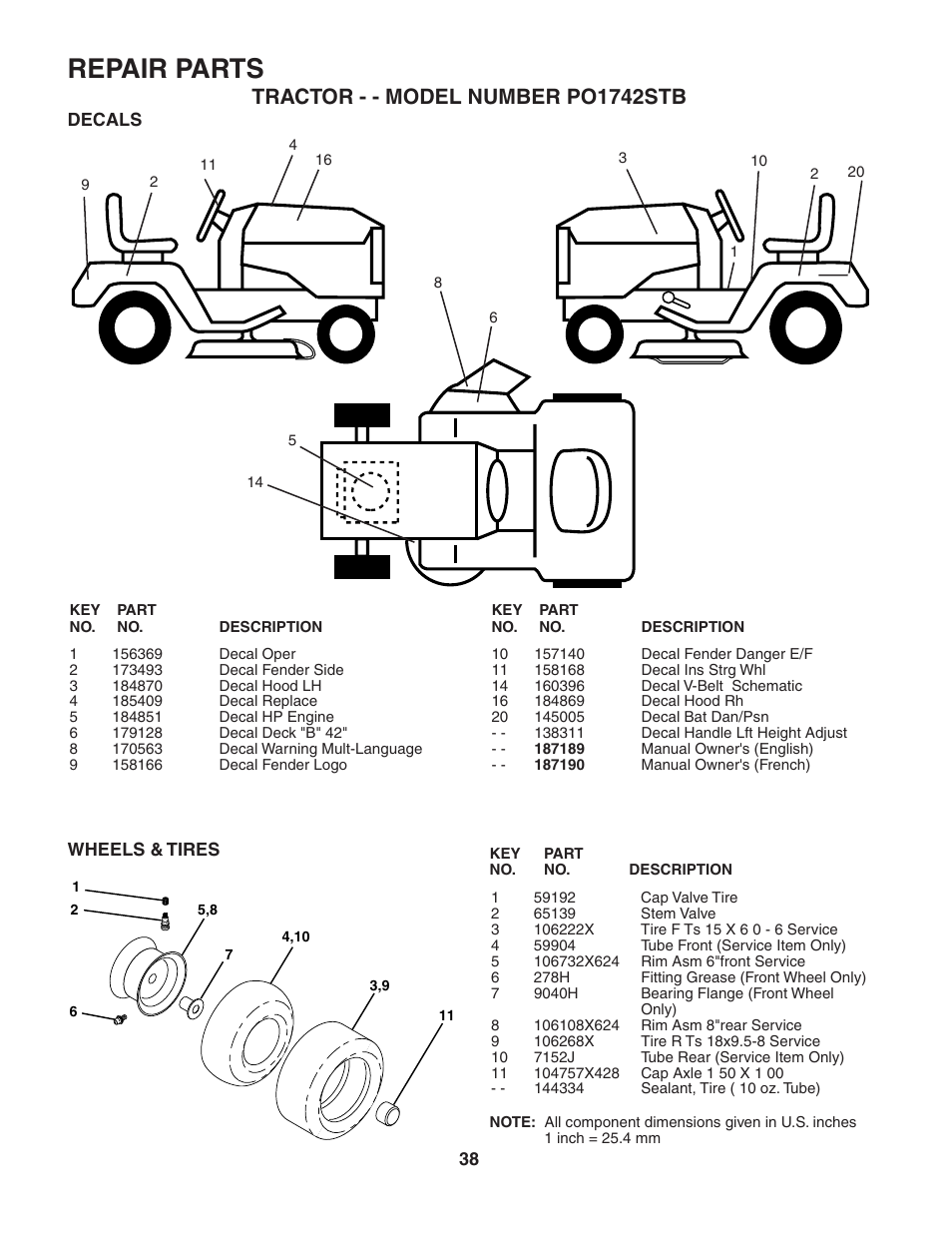 Repair parts, Tractor - - model number po1742stb | Poulan 187189 User Manual | Page 38 / 44