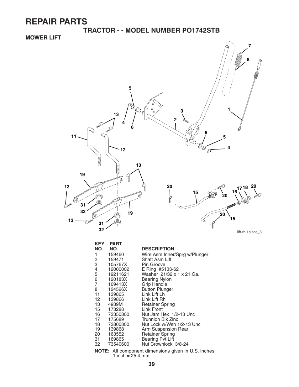 Repair parts, Tractor - - model number po1742stb | Poulan 187189 User Manual | Page 39 / 44
