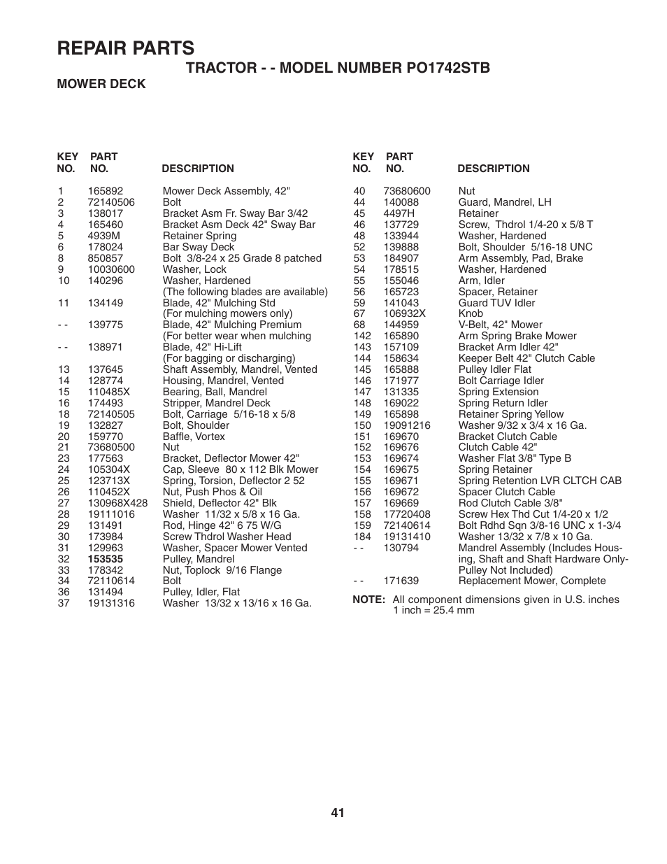 Repair parts, Tractor - - model number po1742stb | Poulan 187189 User Manual | Page 41 / 44