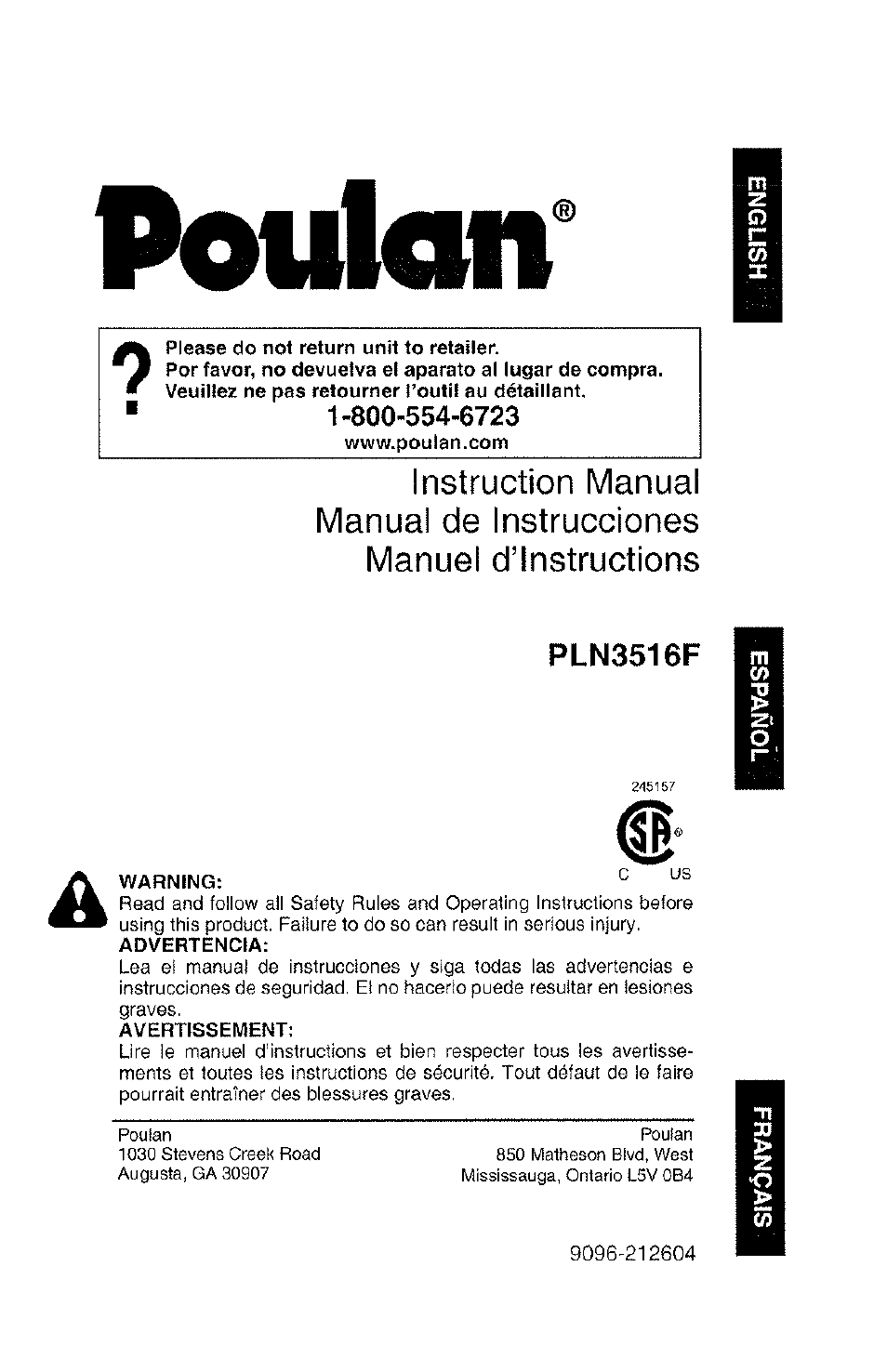 Poulan PLN3516F User Manual | 18 pages