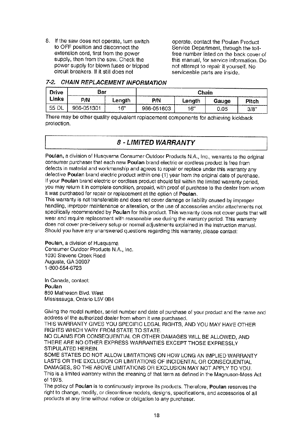 Poulan PLN3516F User Manual | Page 18 / 18