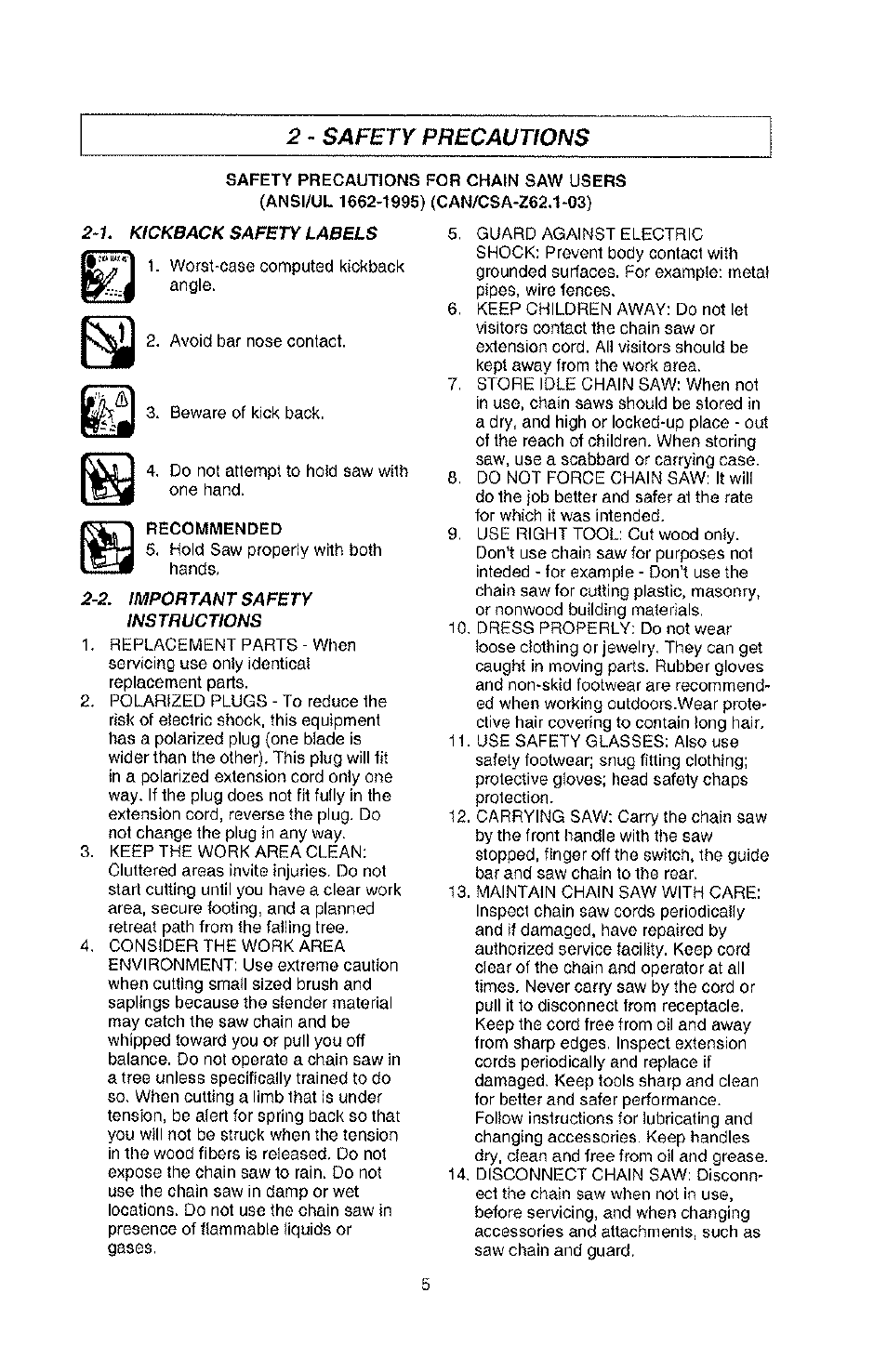 Safety precautions | Poulan PLN3516F User Manual | Page 5 / 18