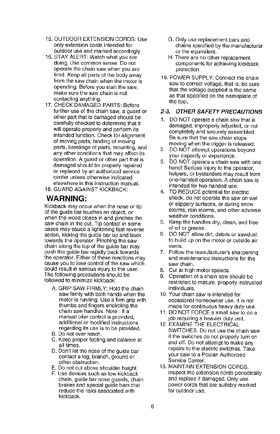 Warning | Poulan PLN3516F User Manual | Page 6 / 18