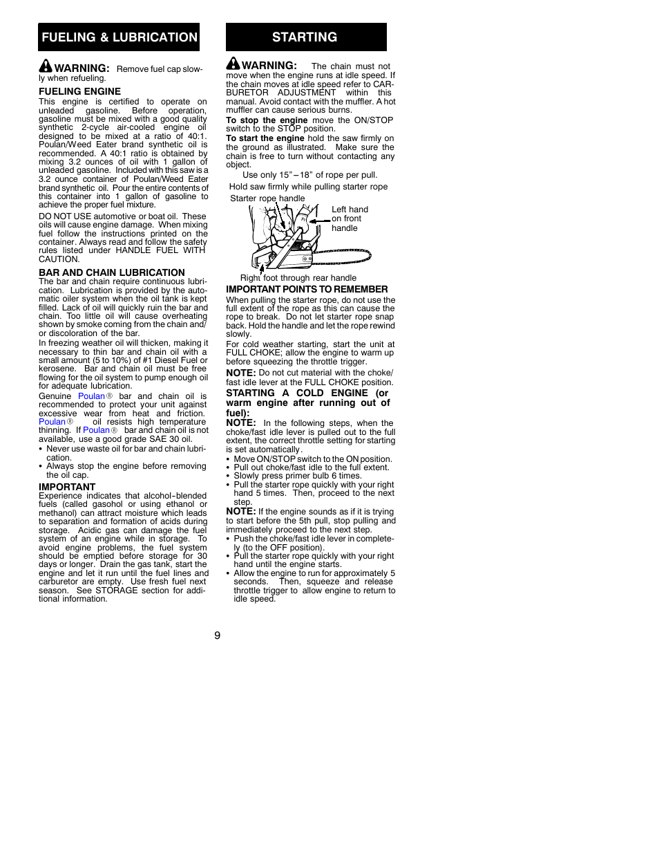 Starting, Fueling & lubrication | Poulan 2002-04 User Manual | Page 9 / 18