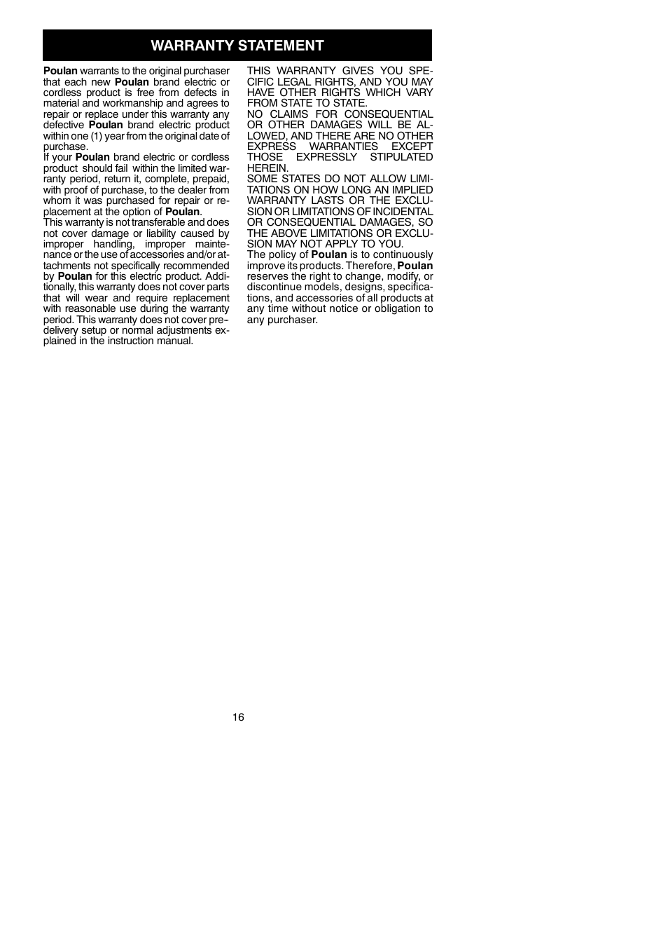 Warranty statement | Poulan 1420 User Manual | Page 16 / 16