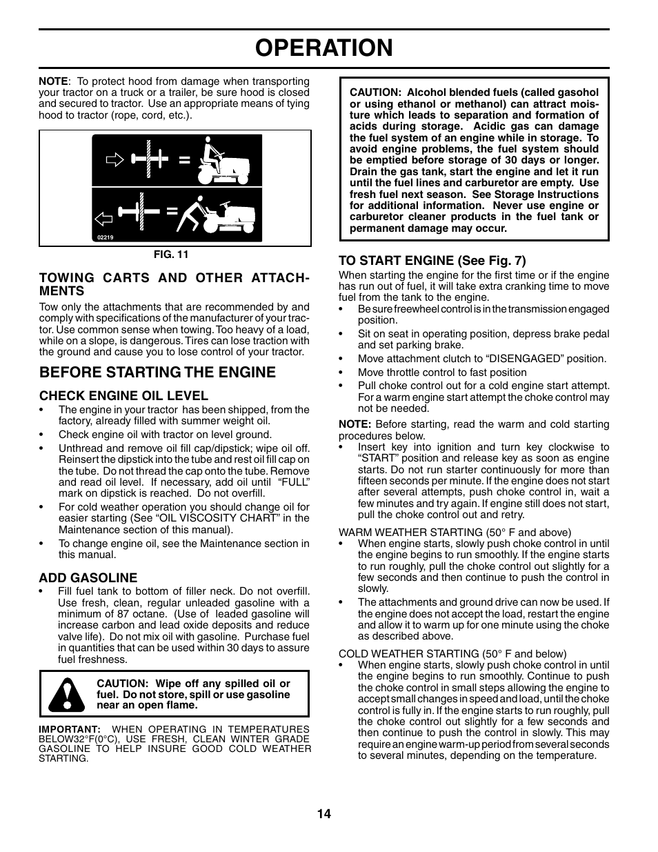 Operation, Before starting the engine | Poulan 185498 User Manual | Page 14 / 48