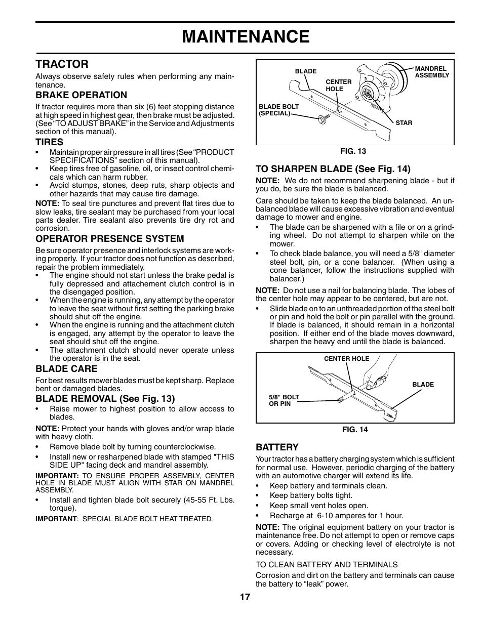Maintenance, Tractor | Poulan 185498 User Manual | Page 17 / 48