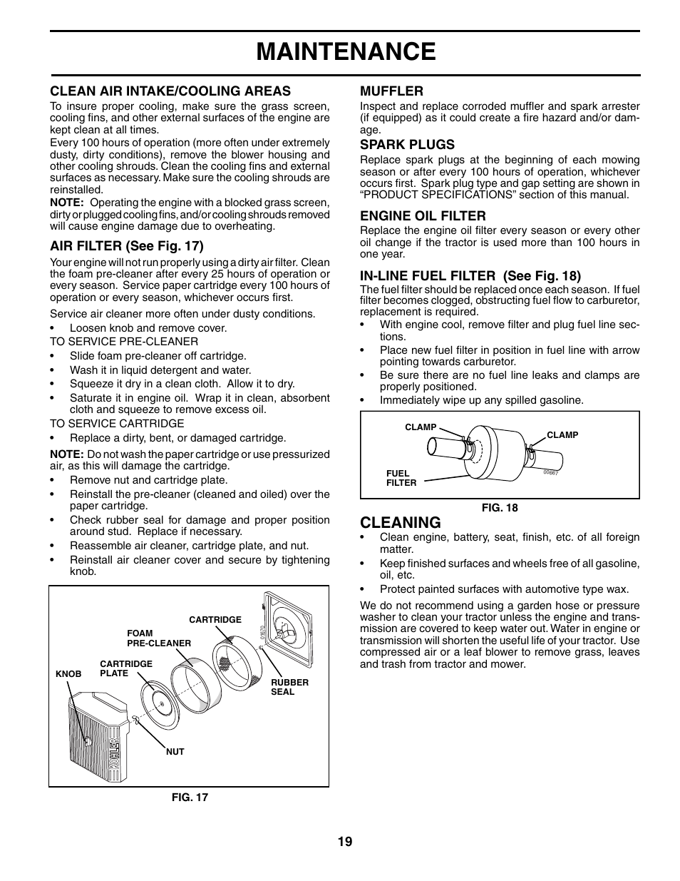 Maintenance, Cleaning | Poulan 185498 User Manual | Page 19 / 48