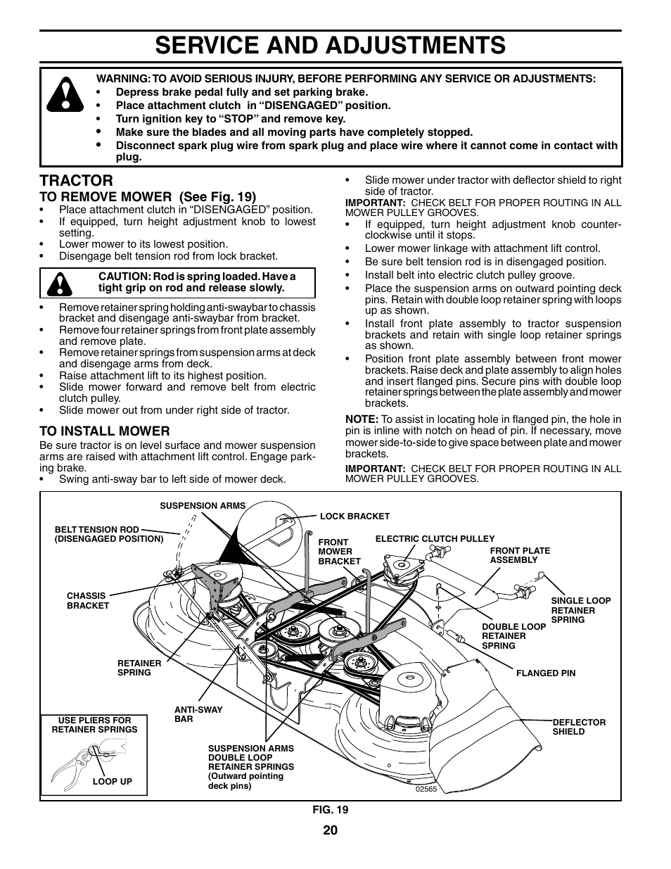 Service and adjustments, Tractor | Poulan 185498 User Manual | Page 20 / 48