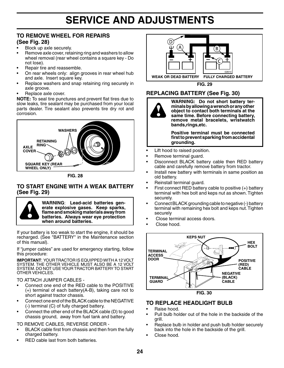 Service and adjustments, Replacing battery (see fig. 30) | Poulan 185498 User Manual | Page 24 / 48