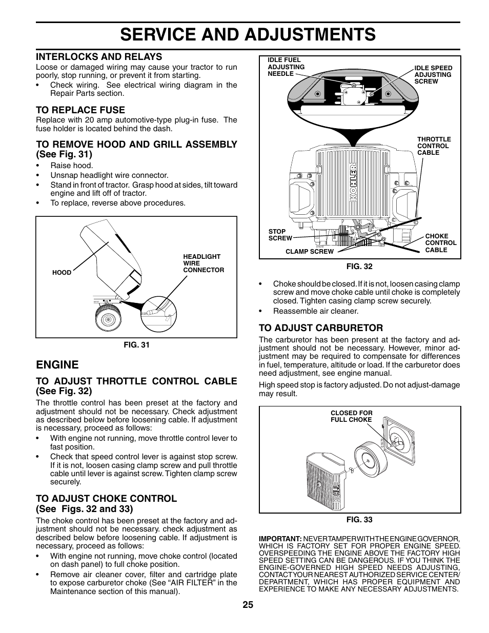 Service and adjustments, Engine | Poulan 185498 User Manual | Page 25 / 48