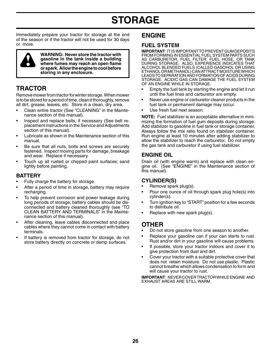 Storage, Tractor, Engine | Other | Poulan 185498 User Manual | Page 26 / 48