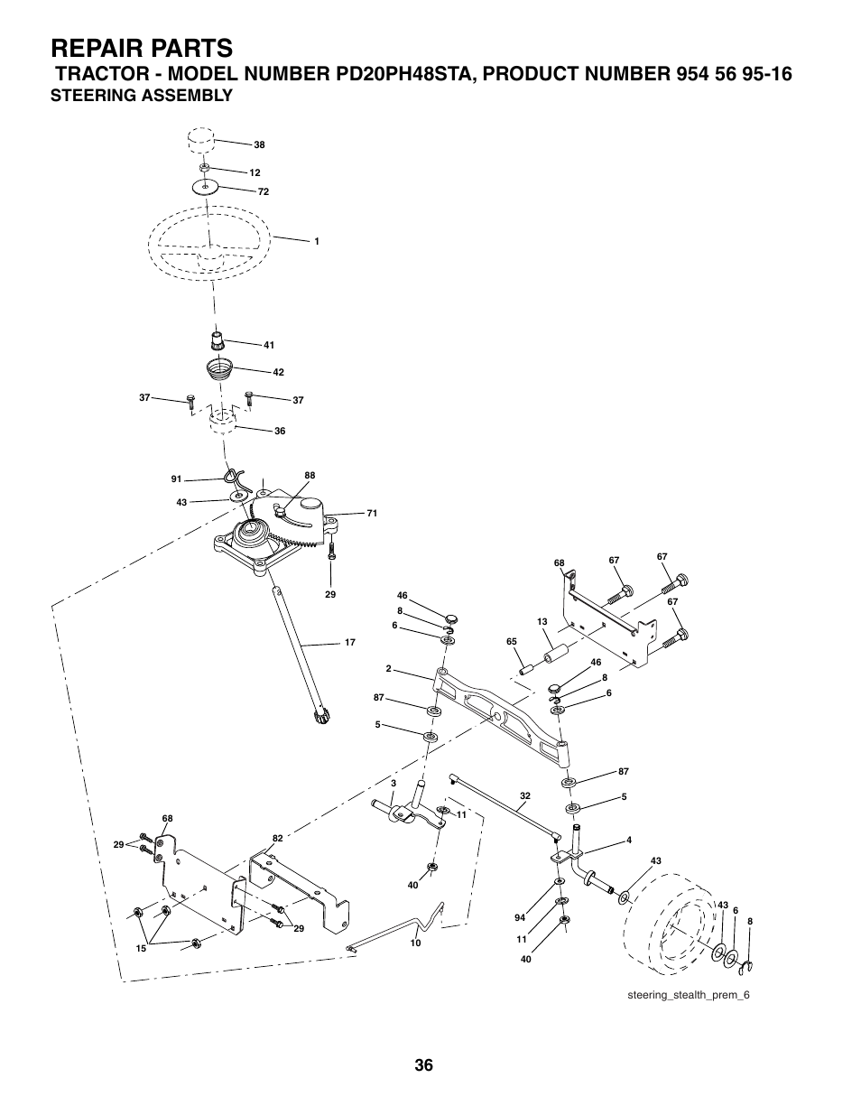 Repair parts, Steering assembly | Poulan 185498 User Manual | Page 36 / 48
