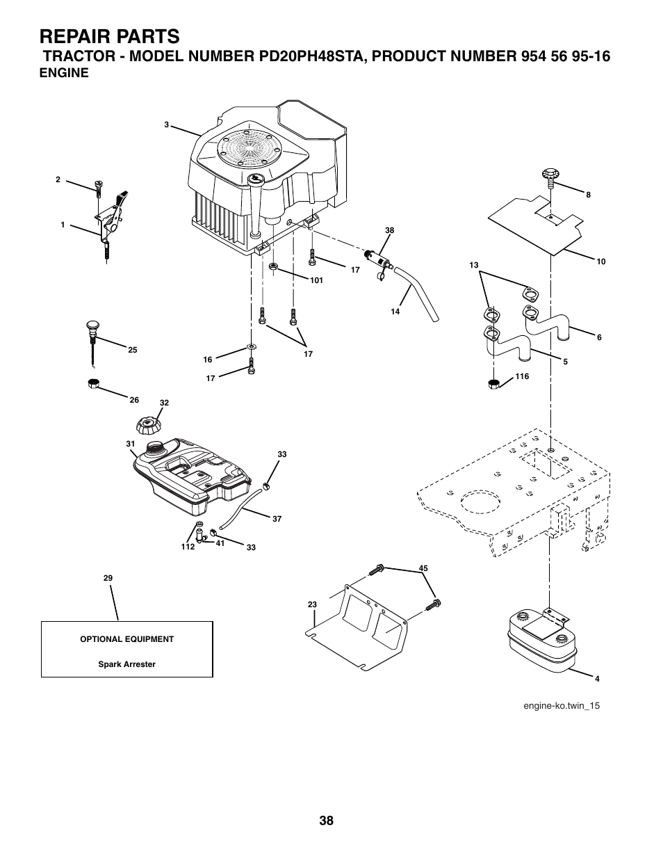 Repair parts, Engine | Poulan 185498 User Manual | Page 38 / 48