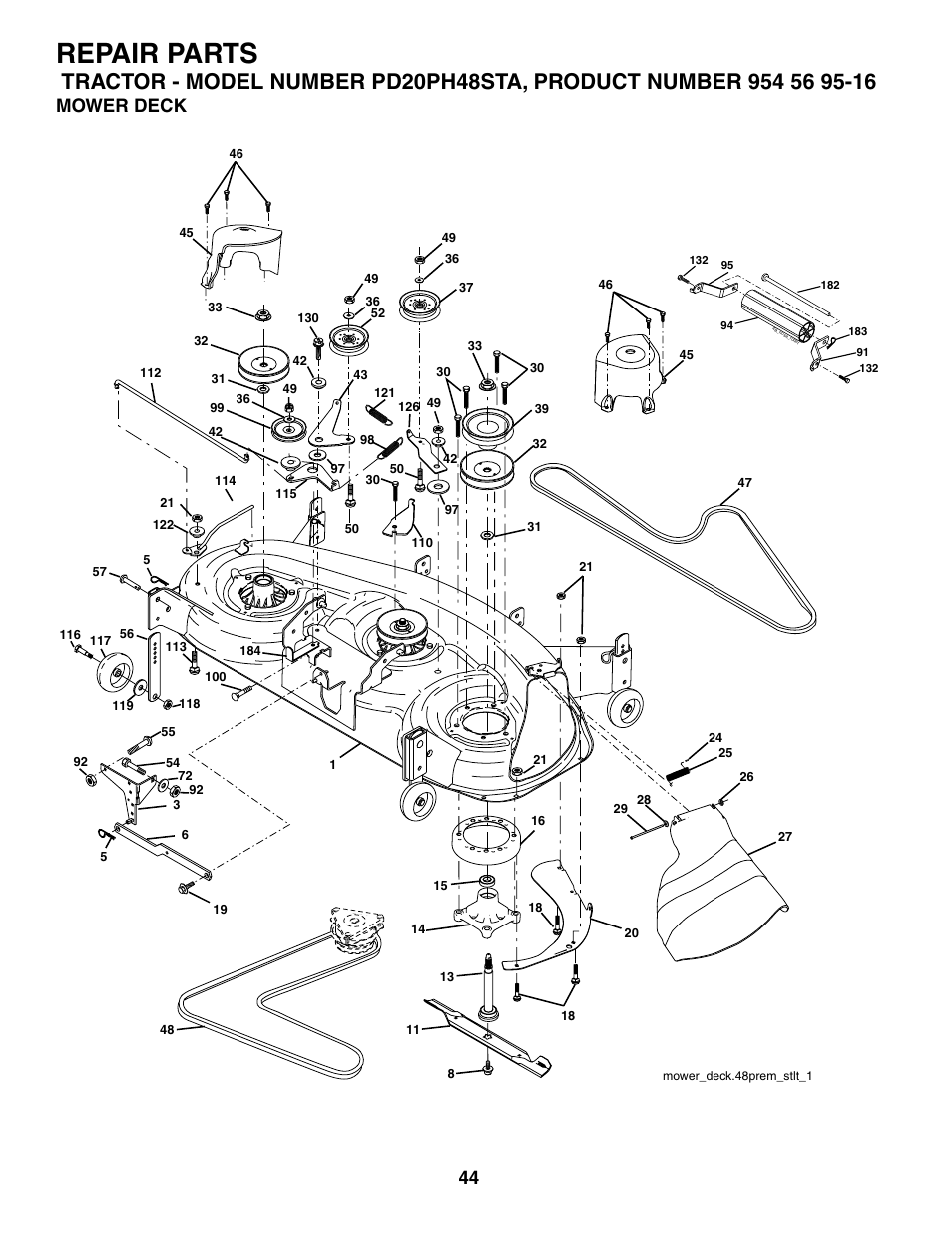 Repair parts, Mower deck | Poulan 185498 User Manual | Page 44 / 48