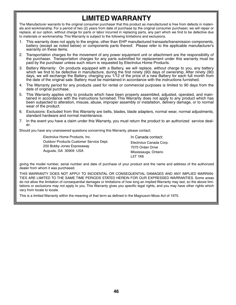 Limited warranty | Poulan 185498 User Manual | Page 46 / 48
