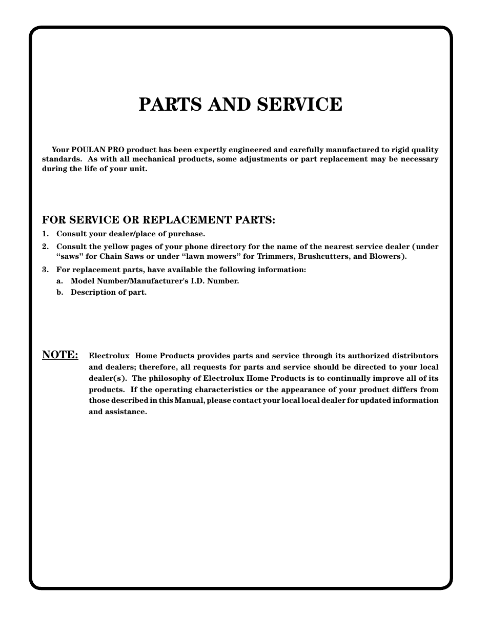 Parts and service, For service or replacement parts | Poulan 185498 User Manual | Page 48 / 48