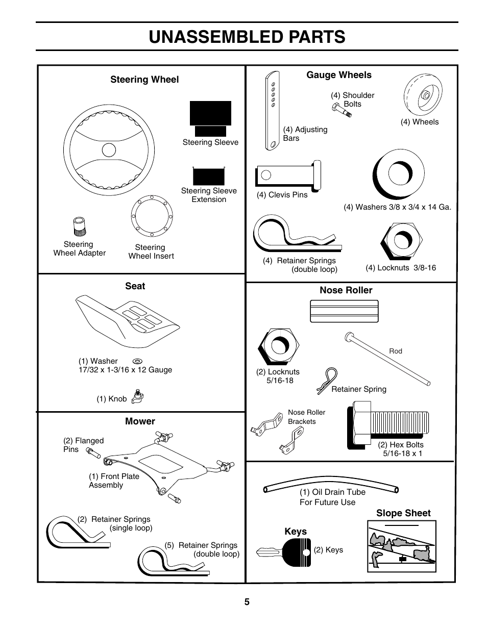 Unassembled parts | Poulan 185498 User Manual | Page 5 / 48