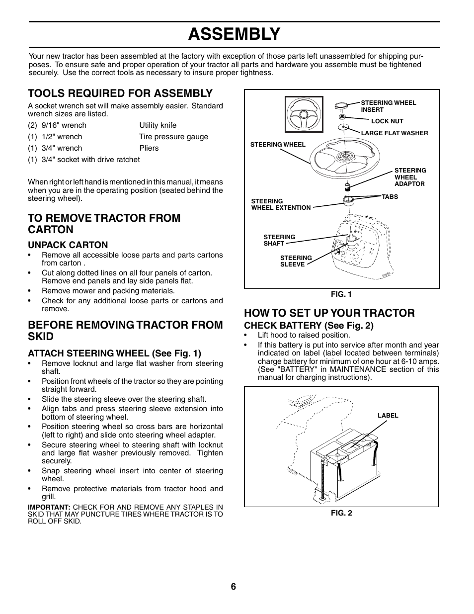 Assembly, How to set up your tractor, Before removing trac tor from skid | Tools required for assembly | Poulan 185498 User Manual | Page 6 / 48