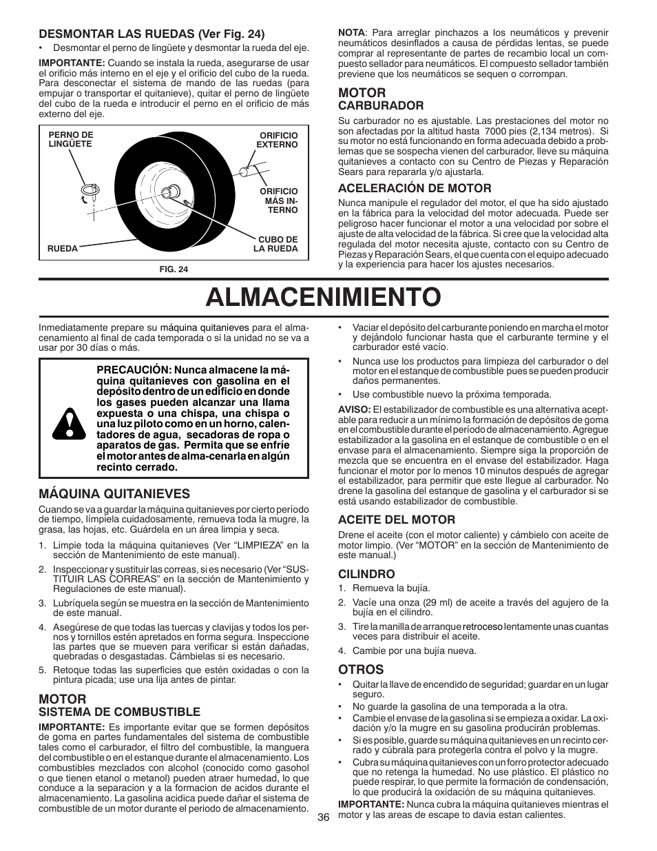 Almacenimiento, Motor, Máquina quitanieves | Otros | Poulan 96194000600 User Manual | Page 36 / 52