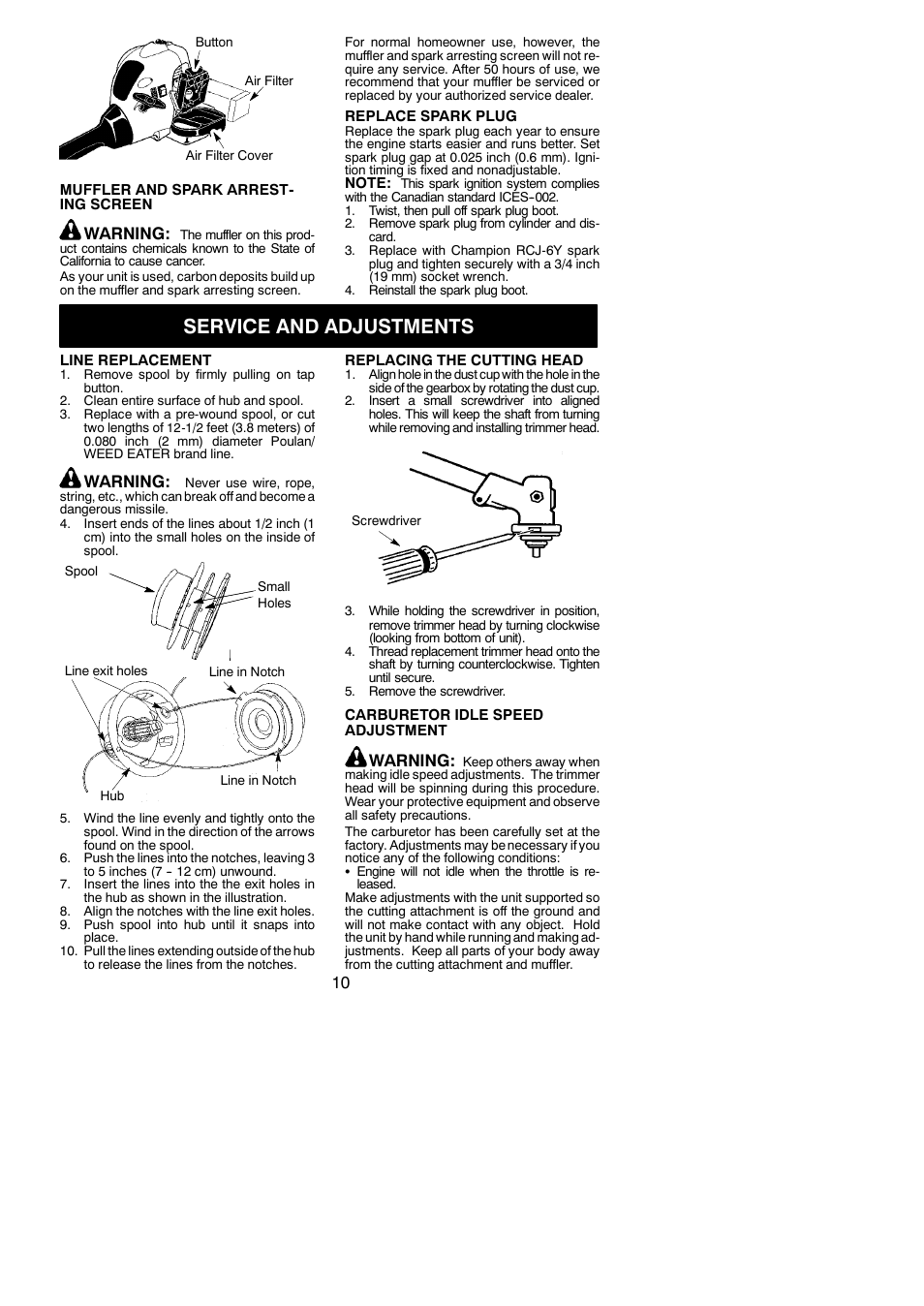 Service and adjustments, Warning | Poulan 952711931 User Manual | Page 10 / 14