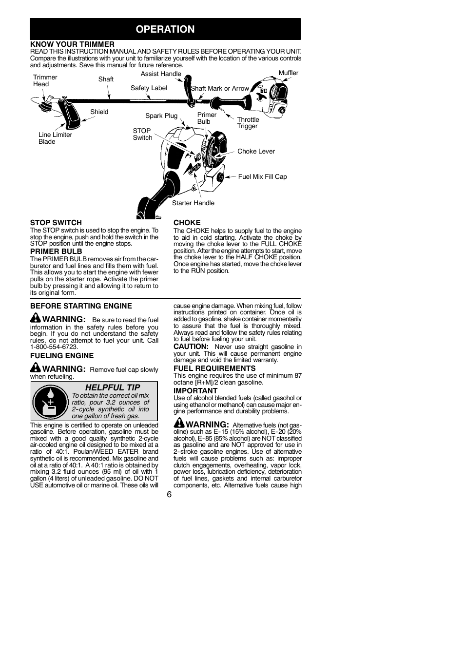 Operation, Warning, Helpful tip | Poulan 952711931 User Manual | Page 6 / 14