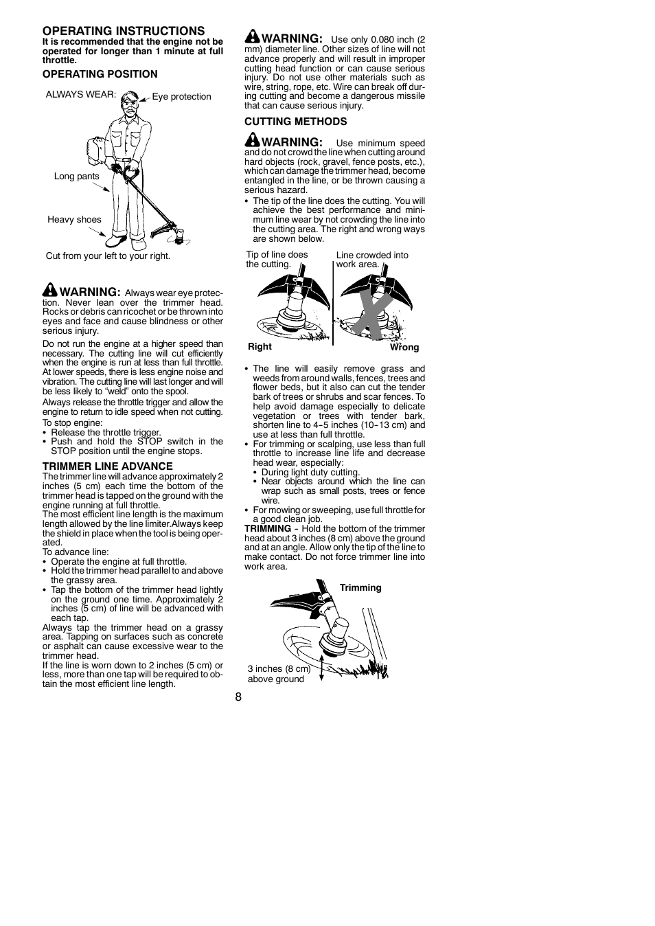 8operating instructions, Warning | Poulan 952711931 User Manual | Page 8 / 14