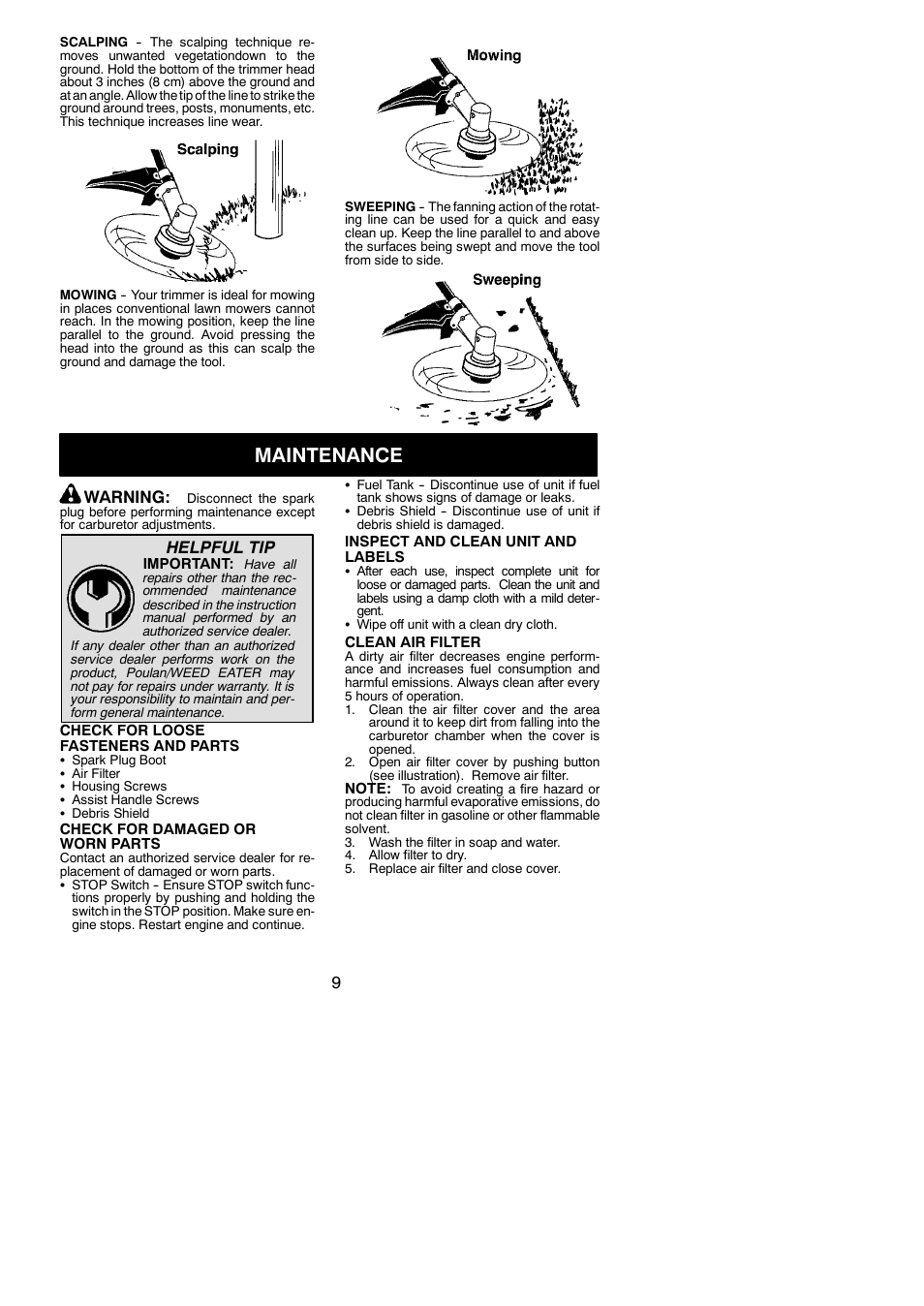 Maintenance, Warning, Helpful tip | Poulan 952711931 User Manual | Page 9 / 14